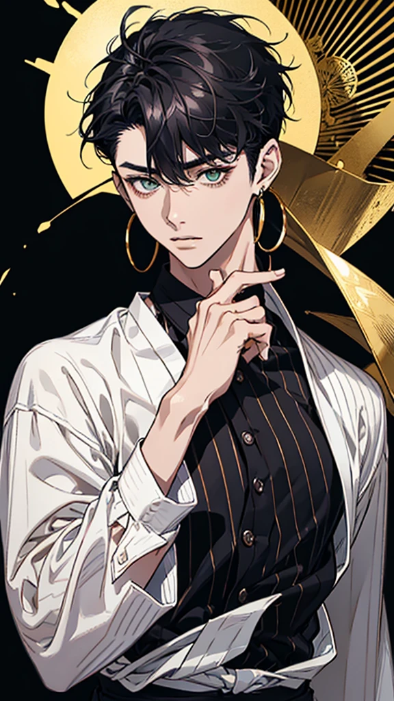 japanese, Man, young man, black hair, dark circles under the eyes, dark circles under the eyes, narrow eyes, green eyes, black and white striped shirt, gold earrings, thin body, short bangs, shaved sides, black ring on middle finger of right hand, upper body