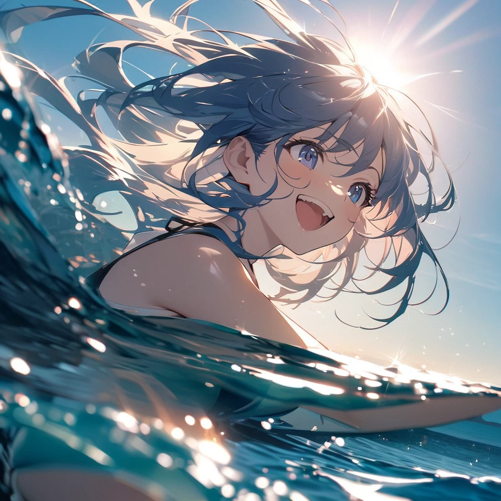 Highest quality, masterpiece,Dark blue eyes,Double exposure, The best smile, Excited, Swimwear, Ocean,Ocean水浴, sunlight