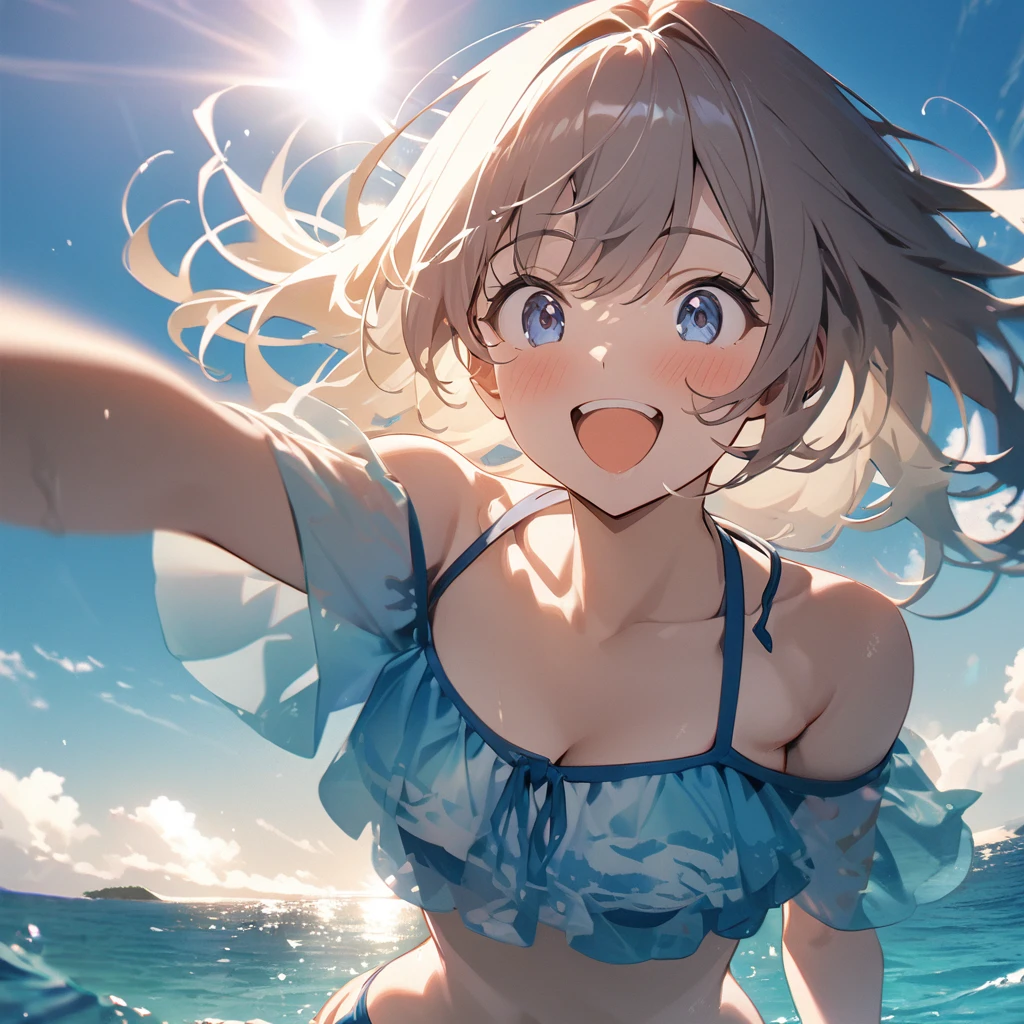 Highest quality, masterpiece,Dark blue eyes,Double exposure, The best smile, Excited, Swimwear, Ocean,Ocean水浴, sunlight