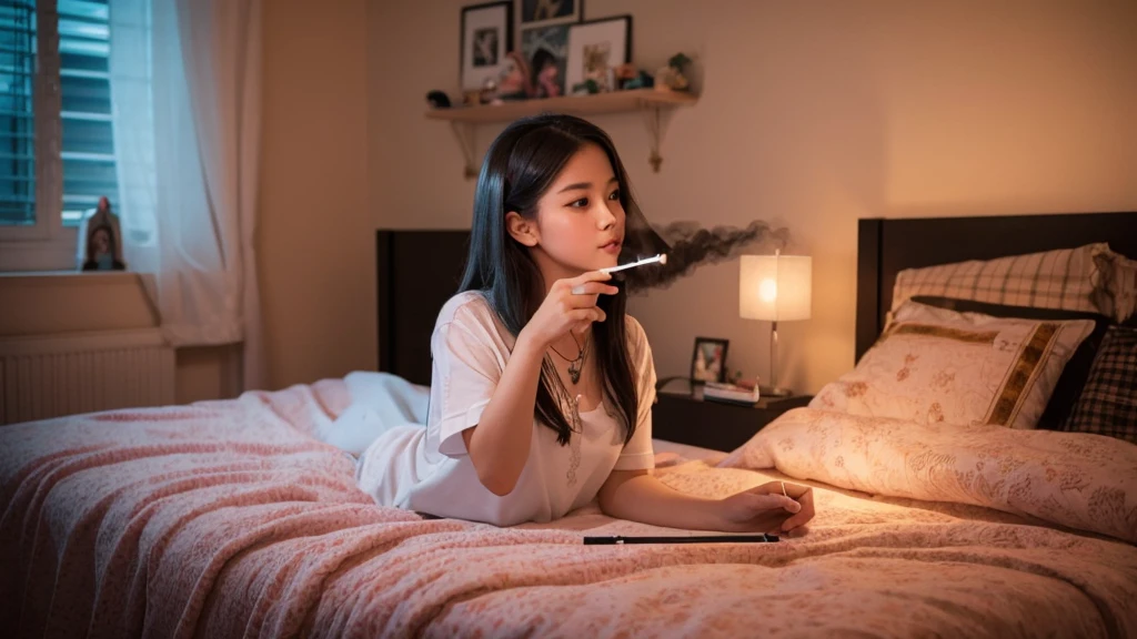 I would like you to draw a picture of a woman smoking a vape in her bedroom. I would prefer the vape she is holding to be a stick type.