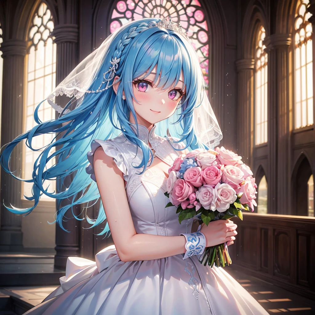 Sky Blue Medium Hair, (Braided Hair),(Pink Eyes),Fair skin ,(whole body),(1 girl),bride,smile、Straight bangs, 6月のbride,Wedding dress,(masterpiece, Highest quality, Very detailed, Best Shadow), (Detailed Background), (Beautifully detailed face), High Contrast, (Best lighting, Very delicate and beautiful), ((Cinematic Light)), colorful, Hyper Detail, Dramatic Light, Intricate details,Wedding hall,