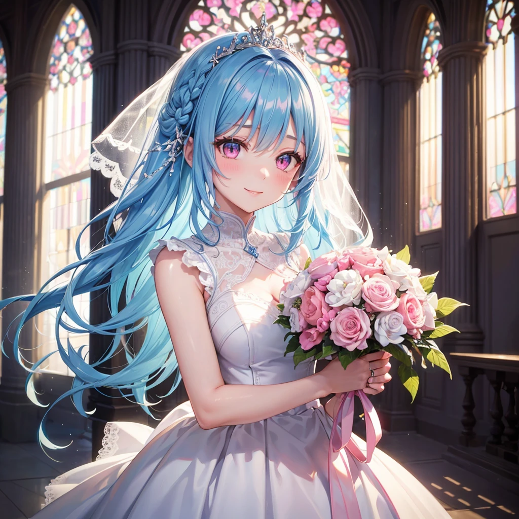 Sky Blue Medium Hair, (Braided Hair),(Pink Eyes),Fair skin ,(whole body),(1 girl),bride,smile、Straight bangs, 6月のbride,Wedding dress,(masterpiece, Highest quality, Very detailed, Best Shadow), (Detailed Background), (Beautifully detailed face), High Contrast, (Best lighting, Very delicate and beautiful), ((Cinematic Light)), colorful, Hyper Detail, Dramatic Light, Intricate details,Wedding hall,
