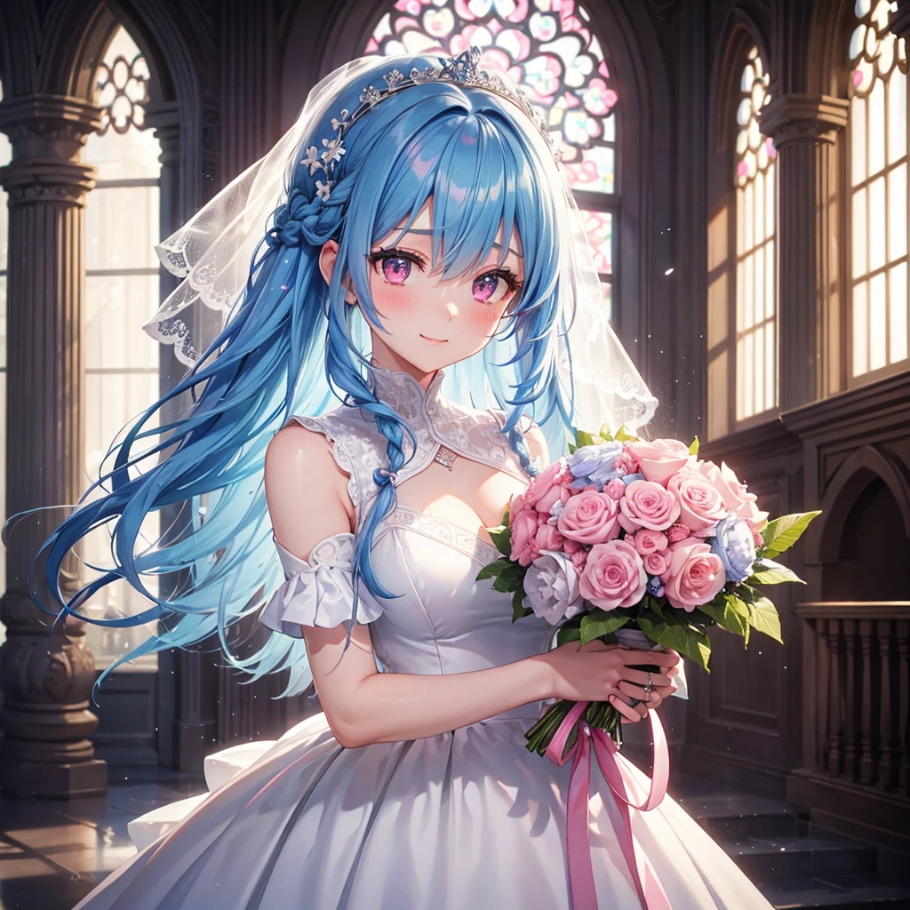 Sky Blue Medium Hair, (Braided Hair),(Pink Eyes),Fair skin ,(whole body),(1 girl),bride,smile、Straight bangs, 6月のbride,Wedding dress,(masterpiece, Highest quality, Very detailed, Best Shadow), (Detailed Background), (Beautifully detailed face), High Contrast, (Best lighting, Very delicate and beautiful), ((Cinematic Light)), colorful, Hyper Detail, Dramatic Light, Intricate details,Wedding hall,