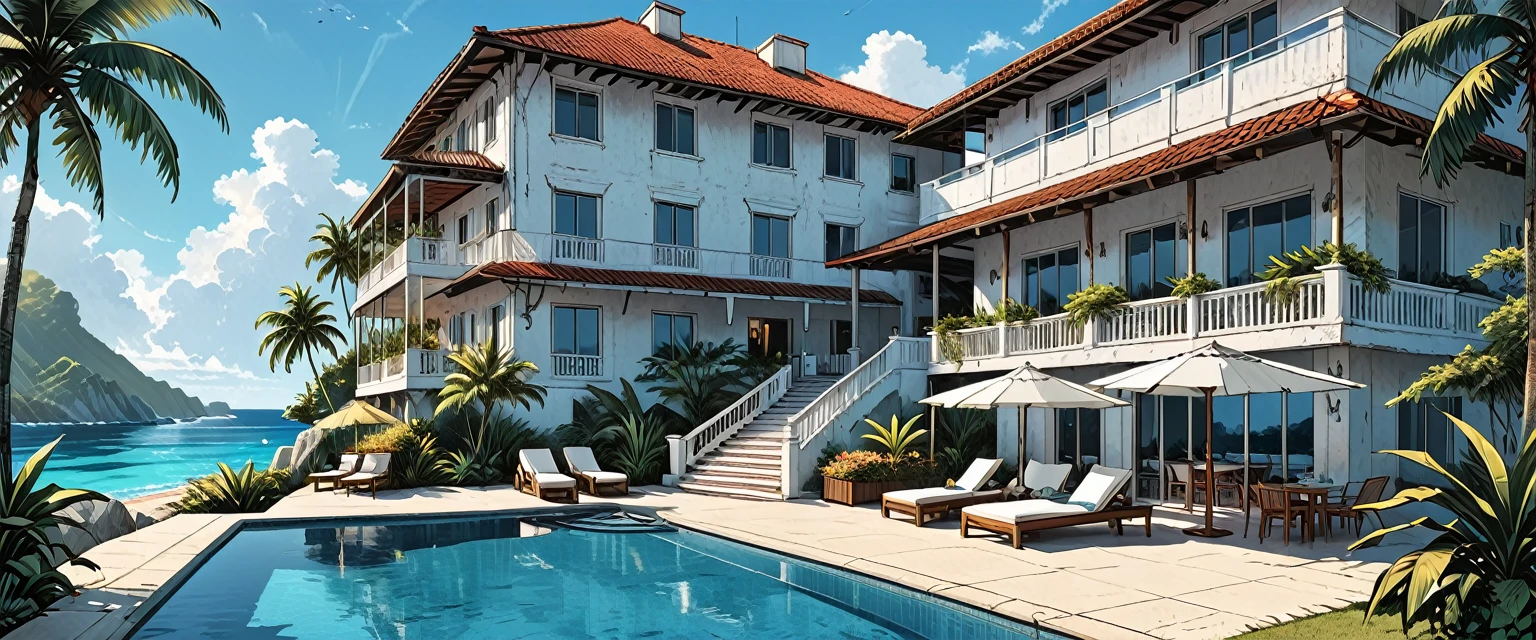 white hotel, terrace,on the ocean, tropics, tropical island, swimming pool, palm trees, three floors, graphic style of novel comics, perfect hands, 2d, 8k, hyperrealism, masterpiece, high resolution, best quality, ultra-detailed, super realistic, Hyperrealistic art, high-quality, ultra high res, highest detailed, lot of details, Extremely high-resolution details, incredibly lifelike, colourful, soft cinematic light,
