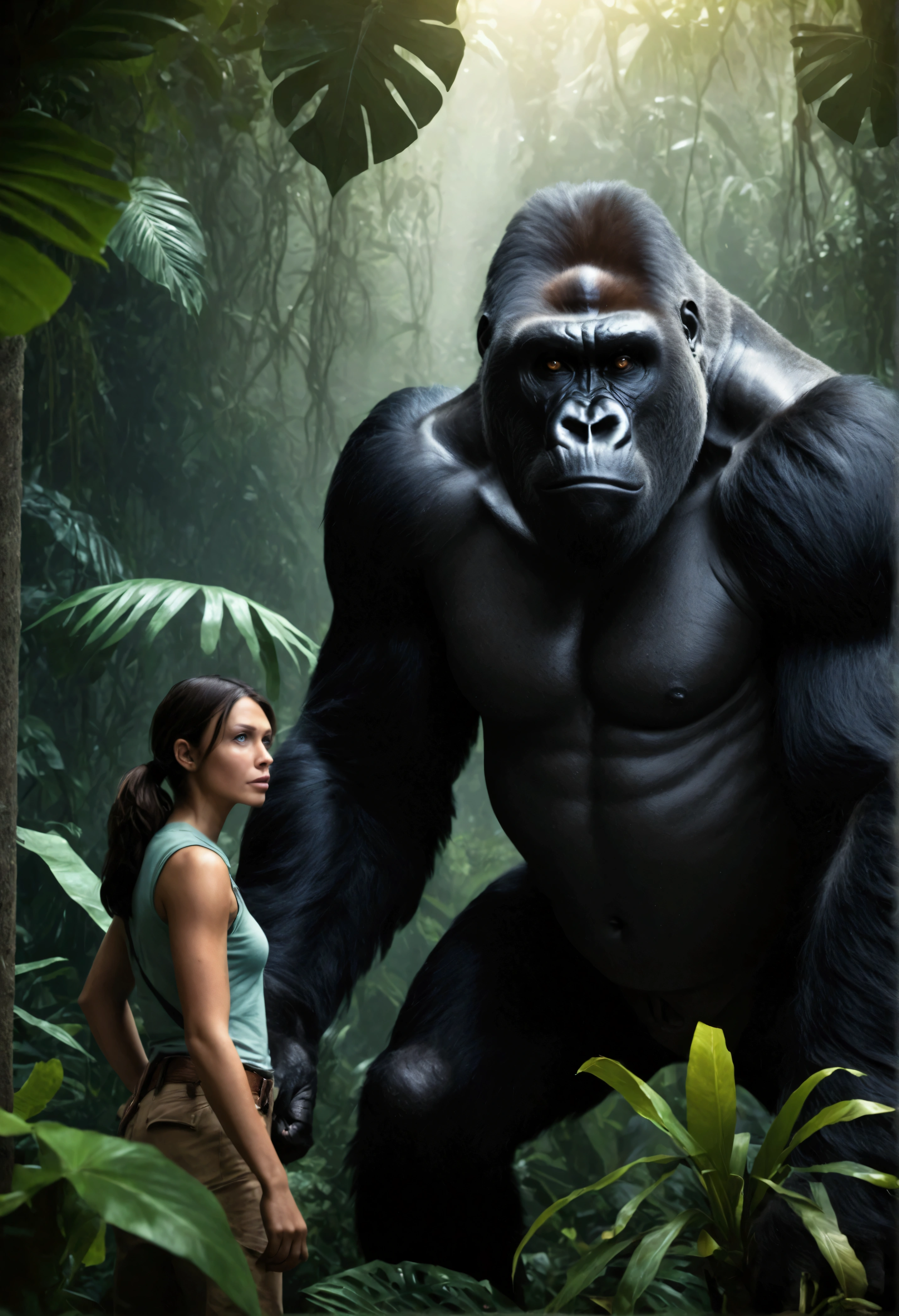 a lost explorer couple facing a fierce black gorilla in dense jungle, the gorilla's eyes glowing with intense light, penetrating, photorealistic, 8k, detailed, dramatic lighting, cinematic, moody, dark colors