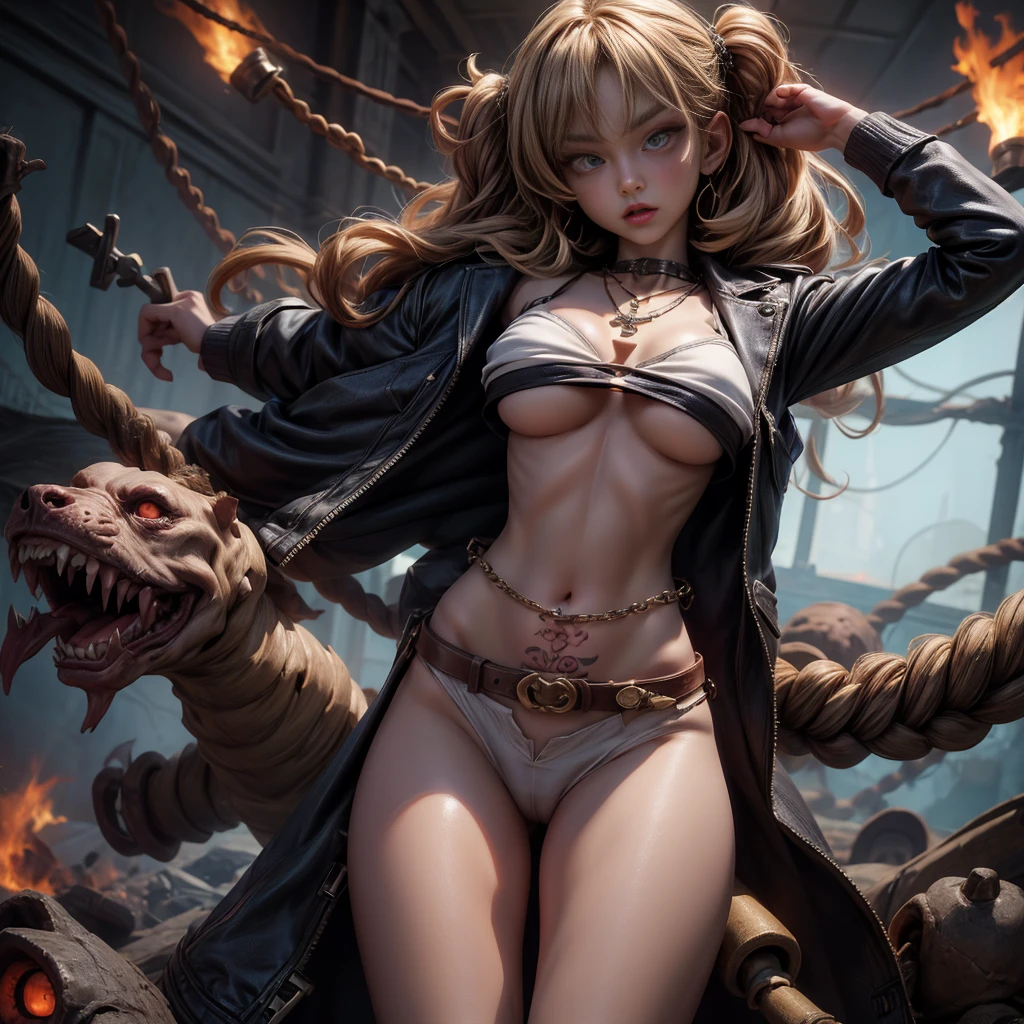 hellish nightmare, monsters, demons everywhere, young female exposed, exposed breast, exposed navel, (),nsfw:1,1, fire, nude, beads belt, rope belt, necklace, ornaments, tattoo, legs apart, lingerie, chain bra, underboob, (subtle nudity:1.1)