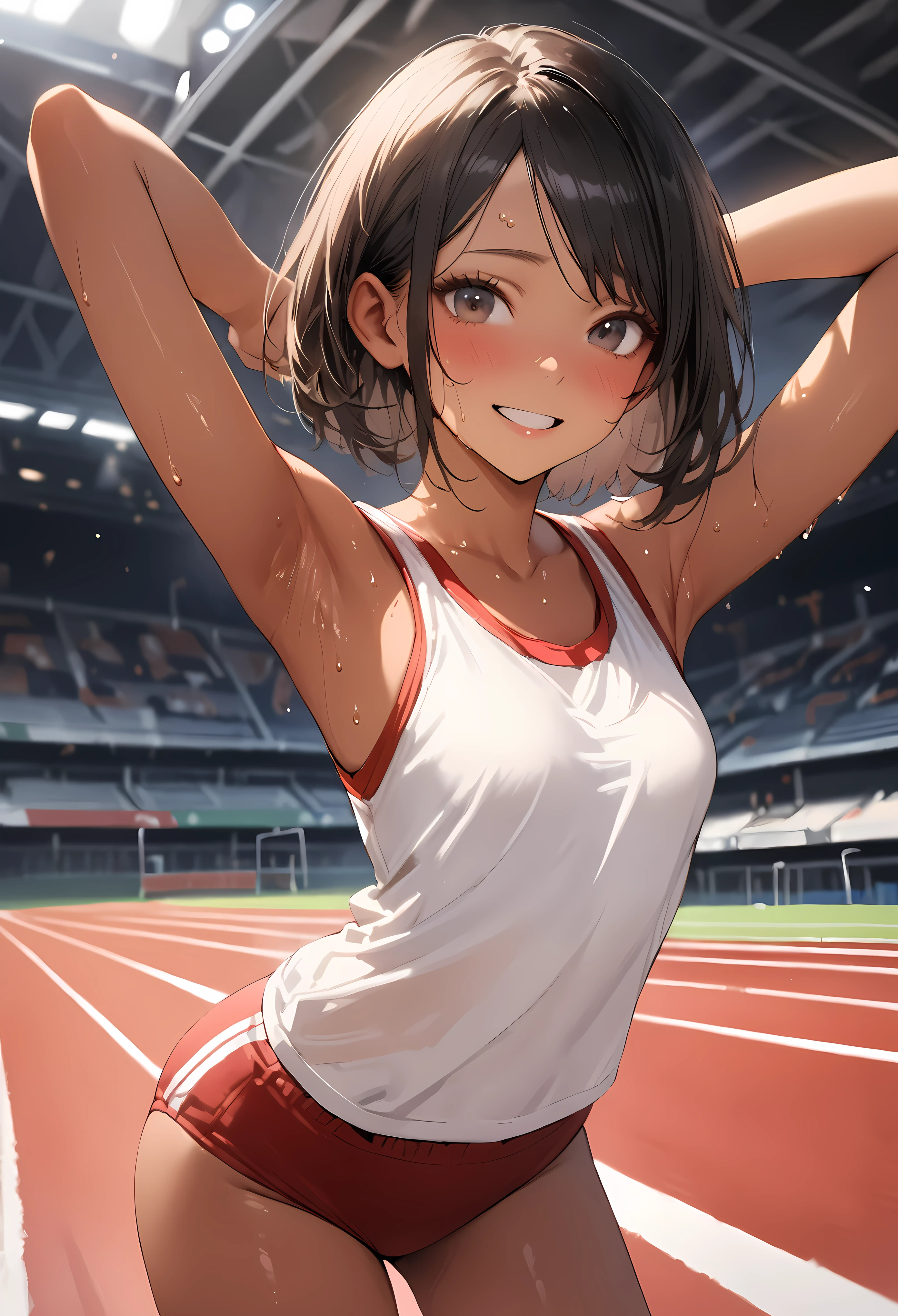((masterpiece,Highest quality:1.3,best quality illustration)),((realistic:1.2)),cowboy shot,solo,1woman,18 year old beauty、black hair,short bob hair,(center parted bangs),black eyes,(gorgeous big eyes),((very small head:1.4)),shy,smile,((slender body:1.2,skinny)),(tan skin:1.4),small breasts,(White tank top、school gym red buruma),gleaming skin,oily skin,slender body,sweat,arms up,Show off your armpits、Athletics Stadium、Tokyo、