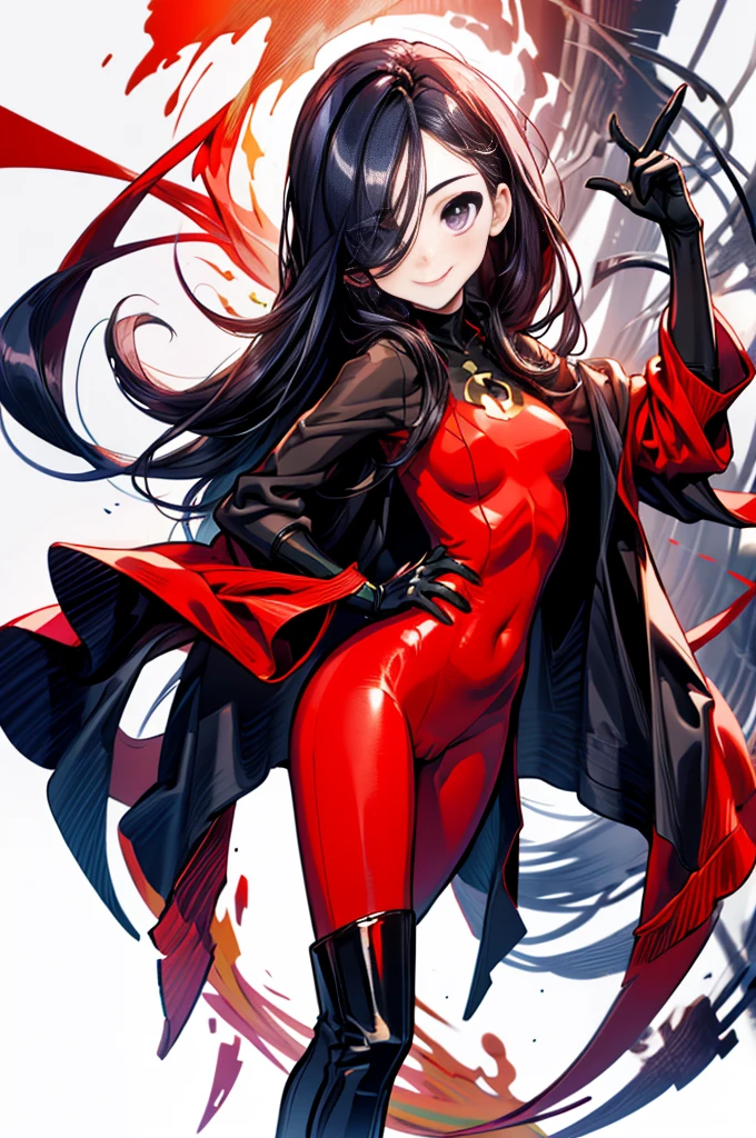 (whole body),masterpiece, Highest quality, One Girl, purple, Long Hair, Black Hair, Hair on one eye, (Red Hero Suit),Red bodysuit,black elbow gloves,Black thigh-high boots,Thick thighs,Place one hand on hip,upright,View your viewers, smile, Simple Background