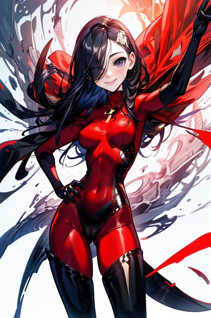 (whole body),masterpiece, Highest quality, One Girl, purple, Long Hair, Black Hair, Hair on one eye, (Red Hero Suit),Red bodysuit,black elbow gloves,Black thigh-high boots,Thick thighs,Place one hand on hip,upright,View your viewers, smile, Simple Background