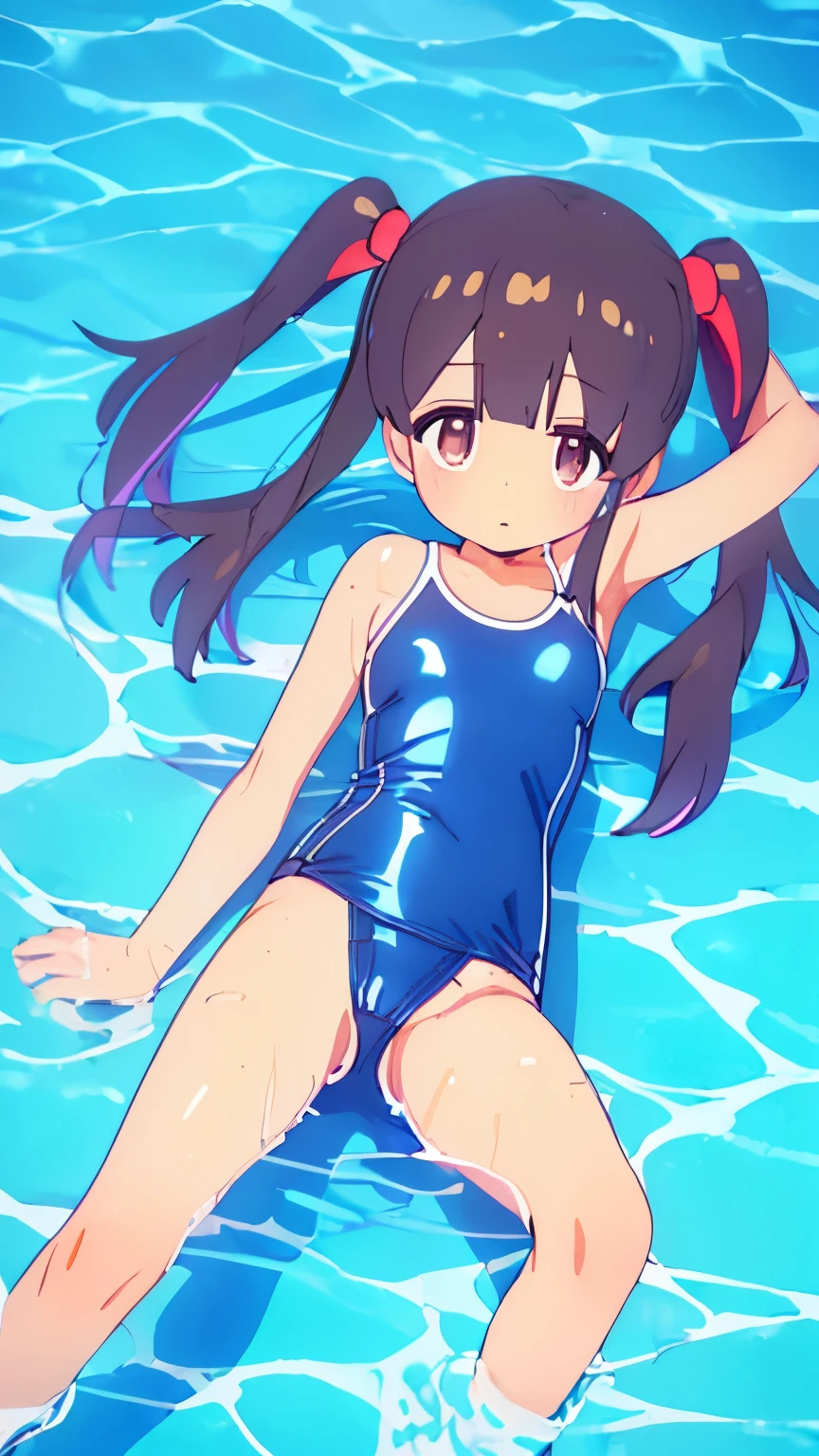 ((school swimsuit)), Highly detailed glossy skin, Dark blue one-piece swimsuit, (Swimsuit with wet and shiny details: 1.2),
very long twin tails, brown hair,
Crab crotch, Extensive_feet,