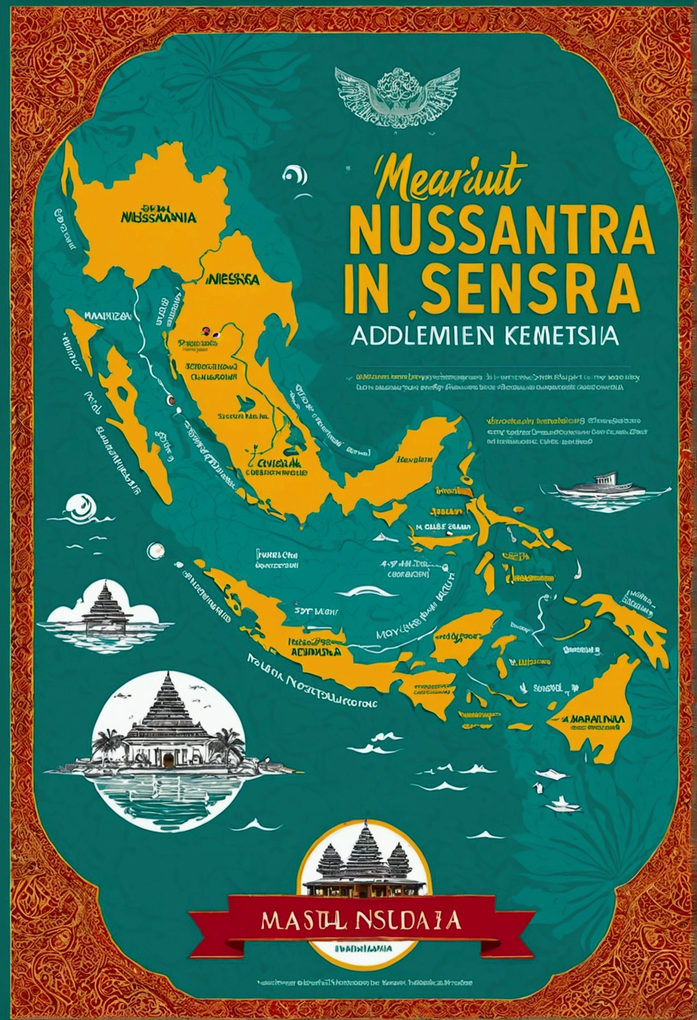 "Create a high-quality, detailed poster design for a competition with the theme 'Merajut Nusantara' and the sub-theme 'Memvisualisasikan Keberagaman Budaya Indonesia di Era Kemerdekaan Digital'. The design should feature the following elements:A vibrant background with a gradient of traditional Indonesian colors such as red, yellow, green, and blue.An artistic map of Indonesia in the center, decorated with batik or tenun patterns.Various cultural elements such as traditional ornaments, people in traditional costumes, and illustrations of traditional foods, musical instruments, and crafts from different regions of Indonesia.Digital elements like Wi-Fi signals, mobile devices, and social media icons integrated to represent the digital era.Network connections illustrated by lines connecting cultural elements on the map, symbolizing the interconnectivity and advancement in the digital age.Bold and modern typography for the main title 'Merajut Nusantara' and a smaller, clear font for the subtitle 'Memvisualisasikan Keberagaman Budaya Indonesia di Era Kemerdekaan Digital'.Additional details like competition logos, event information, and relevant social media hashtags at the bottom of the poster.Ensure the poster is colorful, dynamic, and easy to read, with a strong visual representation of cultural diversity and digital integration."