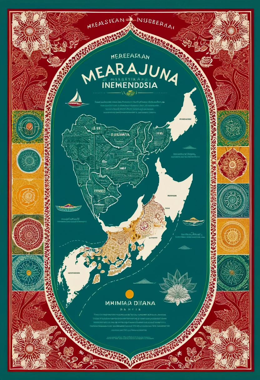 "Create a high-quality, detailed poster design for a competition with the theme 'Merajut Nusantara' and the sub-theme 'Memvisualisasikan Keberagaman Budaya Indonesia di Era Kemerdekaan Digital'. The design should feature the following elements:A vibrant background with a gradient of traditional Indonesian colors such as red, yellow, green, and blue.An artistic map of Indonesia in the center, decorated with batik or tenun patterns.Various cultural elements such as traditional ornaments, people in traditional costumes, and illustrations of traditional foods, musical instruments, and crafts from different regions of Indonesia.Digital elements like Wi-Fi signals, mobile devices, and social media icons integrated to represent the digital era.Network connections illustrated by lines connecting cultural elements on the map, symbolizing the interconnectivity and advancement in the digital age.Bold and modern typography for the main title 'Merajut Nusantara' and a smaller, clear font for the subtitle 'Memvisualisasikan Keberagaman Budaya Indonesia di Era Kemerdekaan Digital'.Additional details like competition logos, event information, and relevant social media hashtags at the bottom of the poster.Ensure the poster is colorful, dynamic, and easy to read, with a strong visual representation of cultural diversity and digital integration."