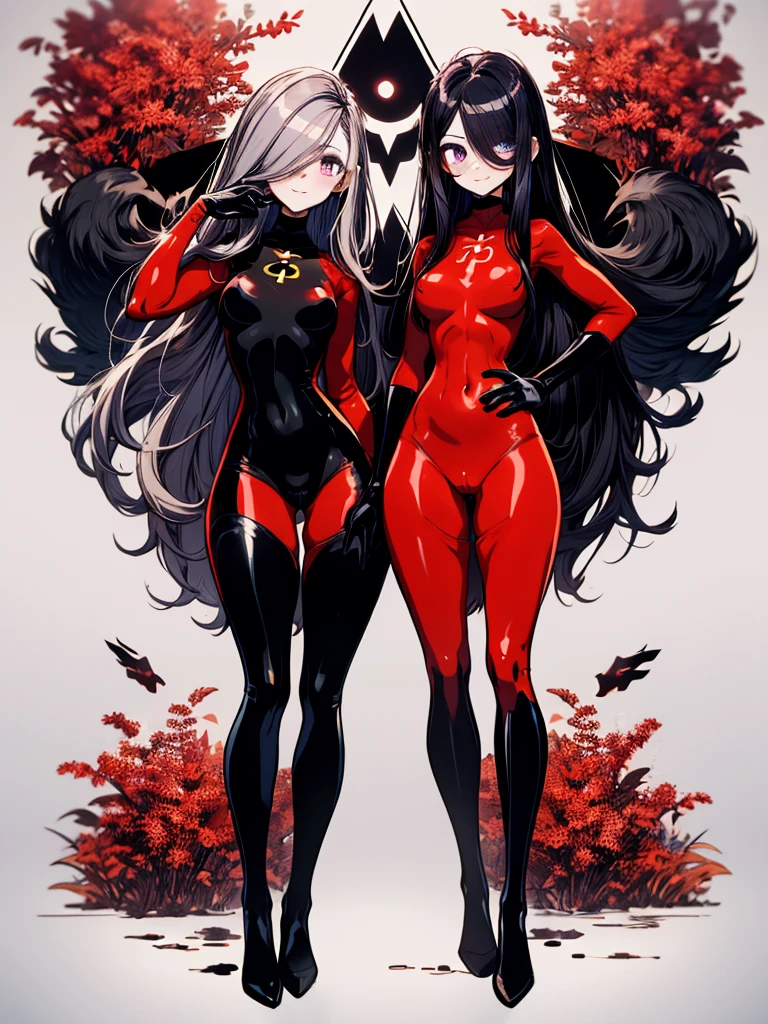 (full body),masterpiece, Highest quality, One Girl, purple, Long Hair, Black Hair,  Hair on one eye,  (Red Hero Suit)，Red bodysuit，black elbow gloves，Black thigh-high boots，Thick thighs，Place one hand on hip，upright，View your viewers, smile, Simple Background 