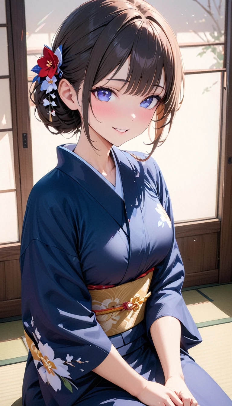modern, Verism, masterpiece, textured skin, super detail, best quality, 4K , a cute woman ,Full smile,Gorgeous kimono, Sitting,Japanese-style room,Sunshine streaming in