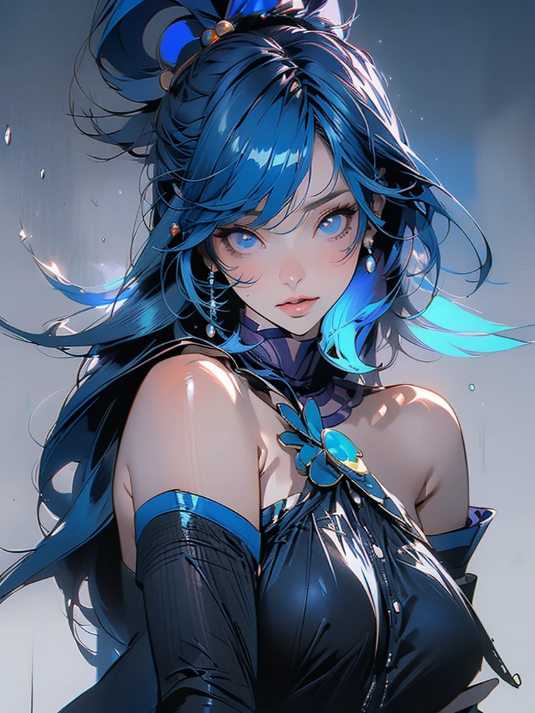 (Best quality, sketch:1.2),realistic,illustrator, Aqua Konosuba,anime,1 girl, detailed lips, blue hair, hairpin, elbow-length gloves, bare shoulders,custom, black and red gradient background,neon hair,Textured trim, masterpiece, retro classic style, black style ,