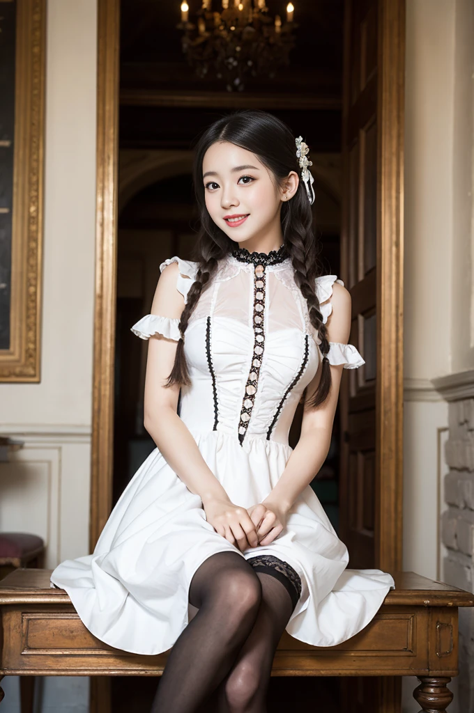 (Only one person), Pure Japanese young girl, wearing white gothic Lolita style dress and accessories, stockings, classical high heels, vivid makeup and lips, thick eyebrows, arranged hair styles, sweet smile, sitting in antique gothic style interior, summer afternoon, pop atmosphere, dazzle me, professional photography,