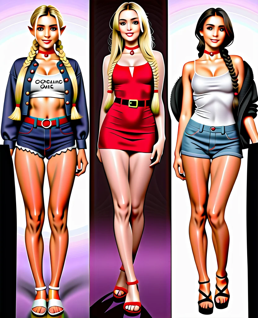 different angles,generate the image of an elf, with green eyes, long blonde hair with bangs and braids, wearing denim shorts super mini cotton summer booty ladies charming ,low angles, beige sandals, a long dark blue dress, brown belt, red choker and fur coat with a blue hood. low angles,Cinematic, 35mm lens, f/1.8, accent lighting, global illumination –uplight –v 4, 3 realistic