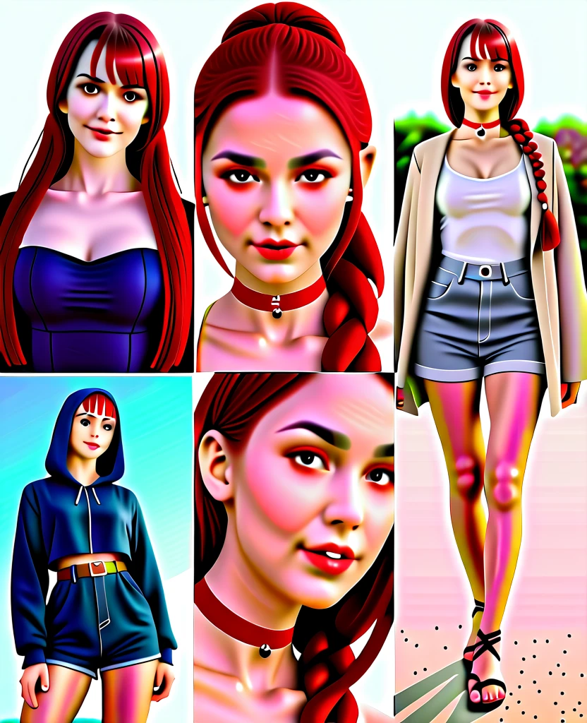 different angles,generate the image of an elf, with green eyes, long blonde hair with bangs and braids, wearing denim shorts super mini cotton summer booty ladies charming ,low angles, beige sandals, a long dark blue dress, brown belt, red choker and fur coat with a blue hood. low angles,Cinematic, 35mm lens, f/1.8, accent lighting, global illumination –uplight –v 4, 3 realistic