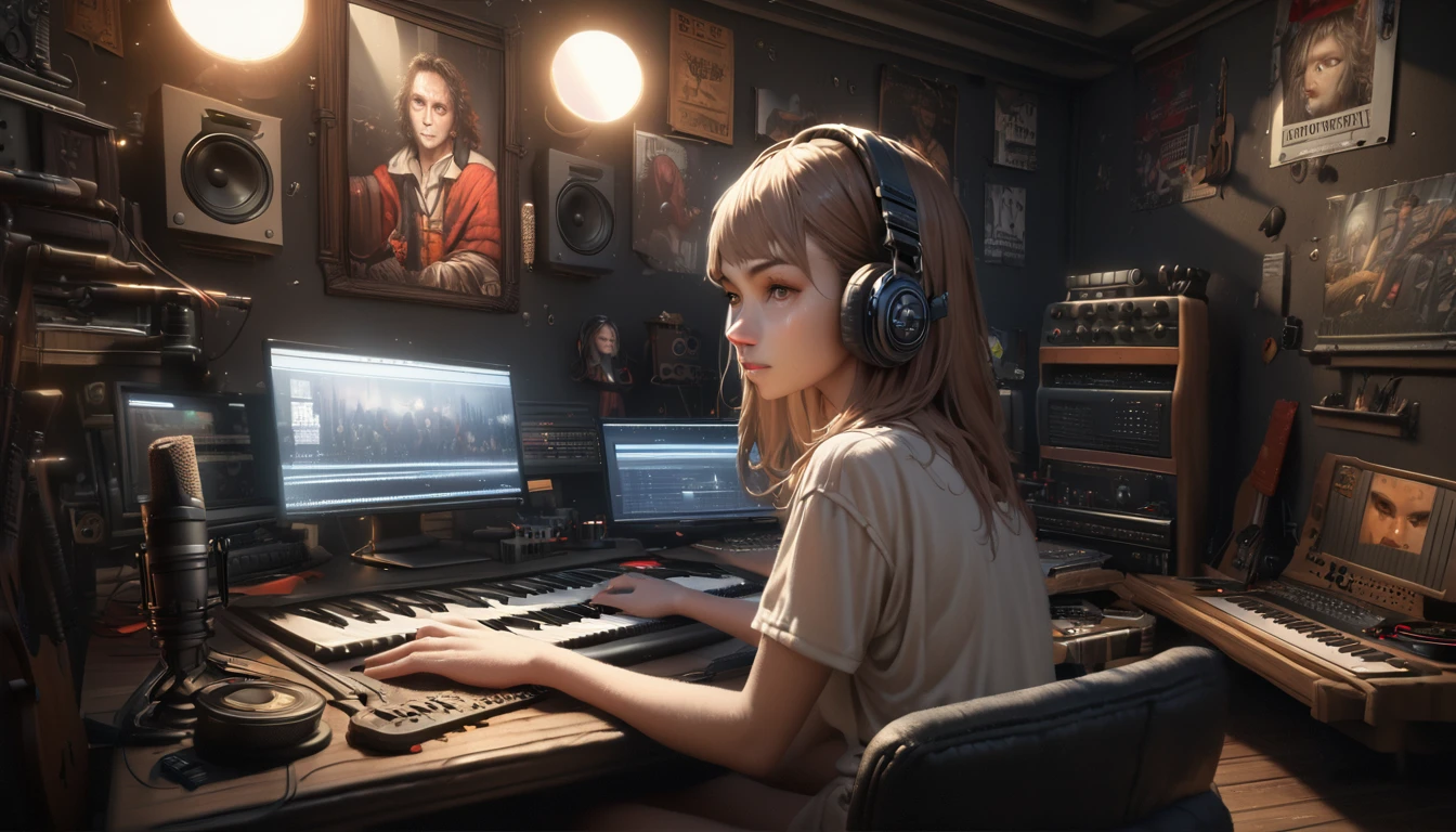 (Tabletop: 1.3, Highest Resolution, Highest quality, 8k, Realistic, Perfect detail), Perfect lighting, (One girl), alone, Girl making music on computer in home studio, Unreal Engine, Rembrandt, Quiet recording studio, With microphone and other vintage equipment, Add old-fashioned charm to isolated spaces, Framed poster of legendary rock musician on the wall, Detailed body, White T-shirt, Serious expression, (Sitting in front of an electronic piano:1.1), Wear headphones, Working with Computer Monitors, MIDI Pad Controller,Beautiful fingers,Detailed hands,Ayanami Rei,
