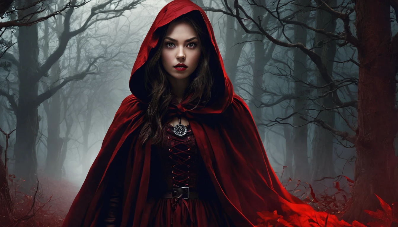 Create a digital illustration for a book cover titled "A Not So Fairytale: Dark Origin of Red Riding Hood." The scene features a dark, dense forest with twisted, gnarled trees and a misty atmosphere. In the foreground stands a young woman with a tattered, dark red cloak, holding a lantern and looking determined. Her eyes have a hint of glowing red. In the background, partially hidden among the trees, is a menacing, shadowy wolf with glowing eyes. Scattered around are elements like a broken basket, a trail of blood, and eerie symbols carved into the trees. The title is displayed in a gothic, blood-red font at the top. The overall mood is dark, mysterious, and tense.