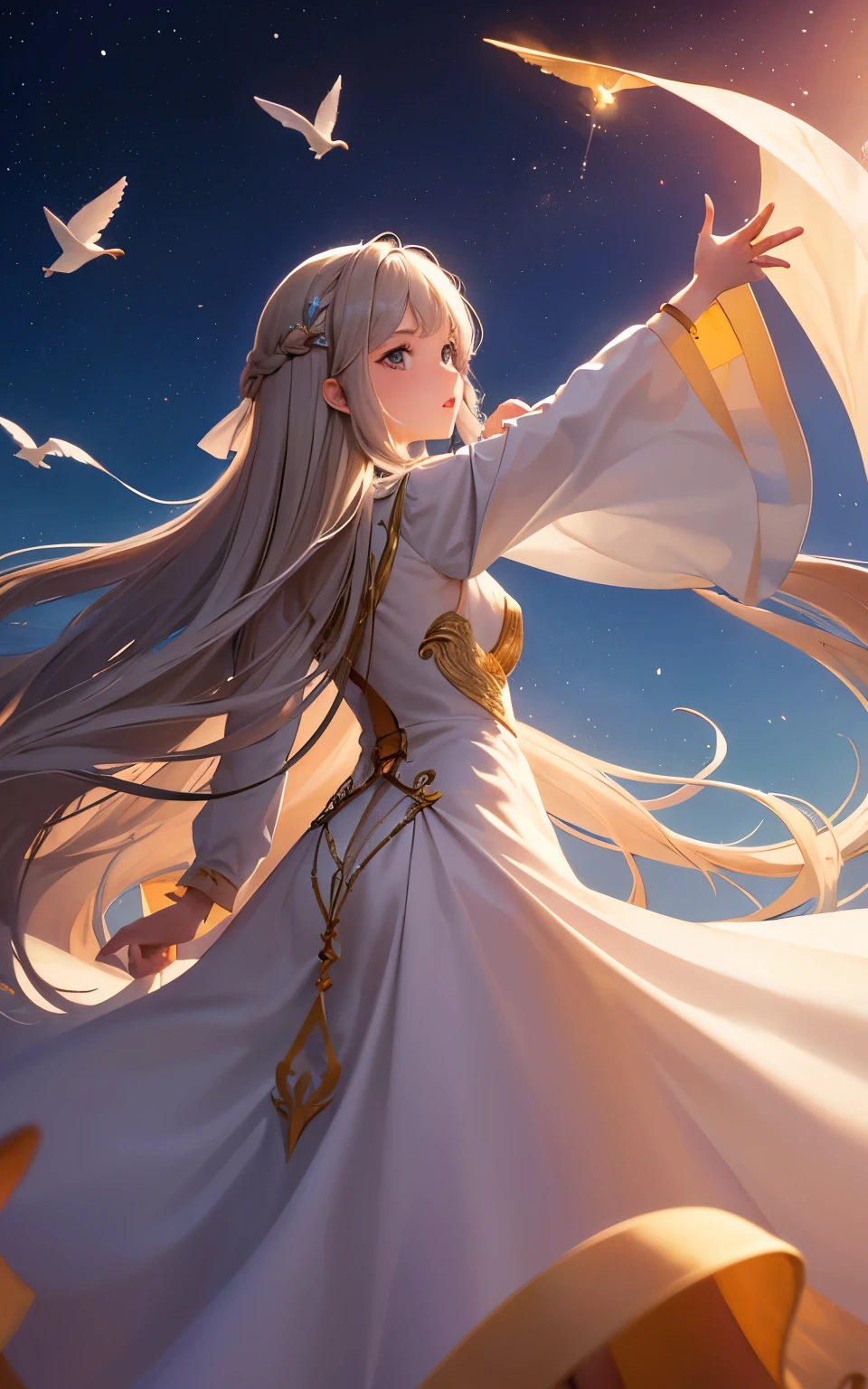 Girl, long hair, long dress, flying in the air and pointing upwards, while flying. Back view of the girl. Hd, ultra hd. Fantasy.