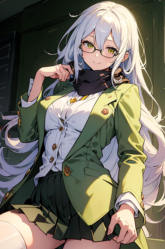(best quality:1.3), (masterpiece:1.3), (illustration:1.3), (ultra-detailed:1.3), (mid shot:0.9), 1girl, long hair, white hair, (yellow eyes) large breasts, (((white shirt, green blazer))), glasses, warm smile, ((black pleated skirt)), highschool girl, long hair, hair between eyes, open clothes, jacket, stockings, scarf,