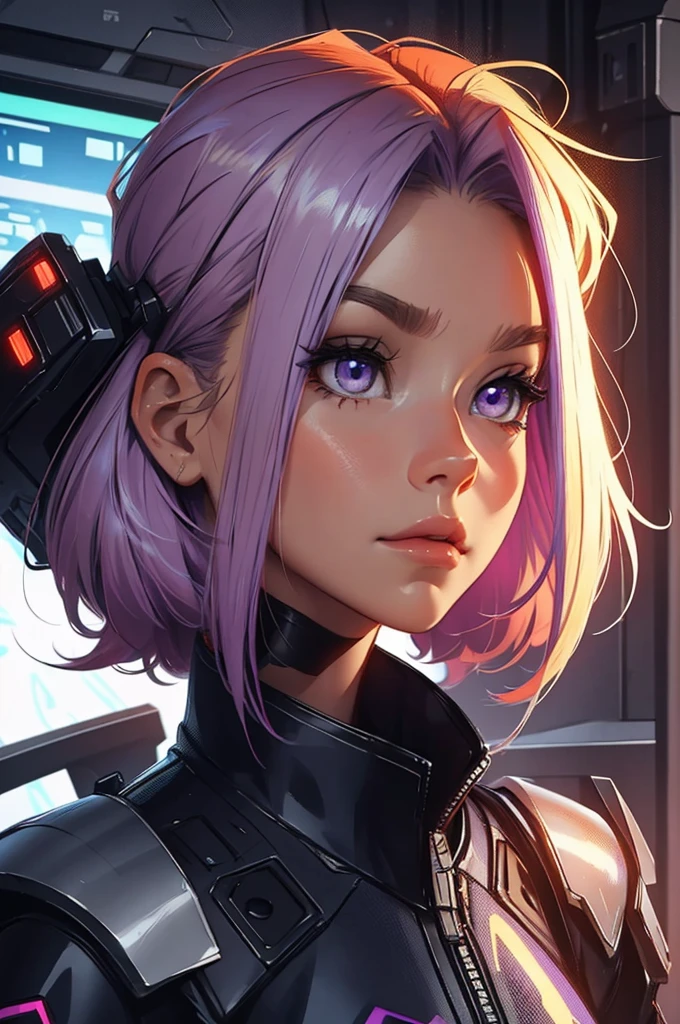 mature girl, super beautiful, super blue and orange, purple., fiery red, red hair, portrait, light vintage blonde color hair, scientist character, female, super strong, female, blonde and silver clothing, cyberpunk female, short blonde hair, portrait, close-up, in a spaceship hangar, a female in a sci-fi jumpsuit with led lights making shapes, she has short light green hair, purple eyes, silver clothing.