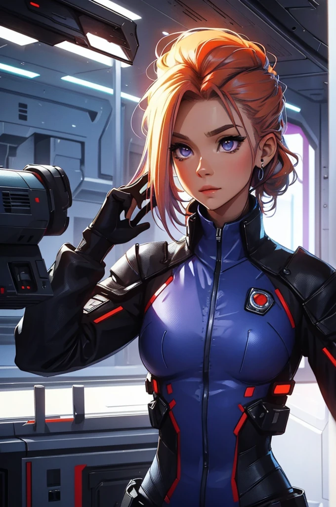 mature girl, super beautiful, super blue and orange, purple., fiery red, red hair, portrait, light vintage blonde color hair, scientist character, female, super strong, female, blonde and silver clothing, cyberpunk female, short blonde hair, portrait, close-up, in a spaceship hangar, a female in a sci-fi jumpsuit with led lights making shapes, she has short light green hair, purple eyes, silver clothing.