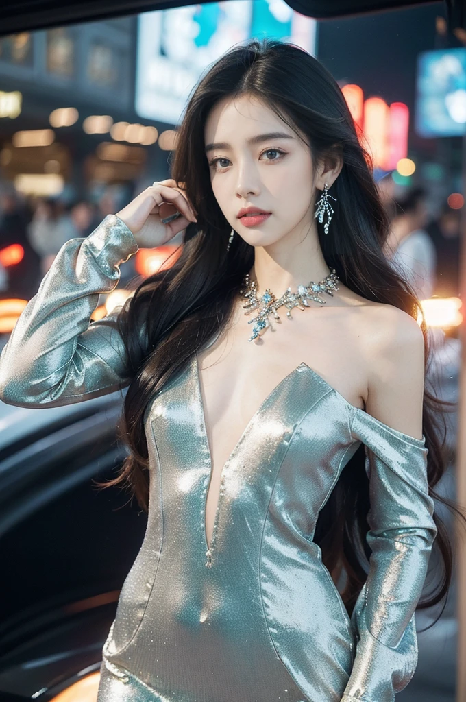 (((best quality))),(((ultra detailed))),(((masterpiece))),illustration,((1girl,gorgeous female model,solo)),((earrings,crystal collar)),((slim,thin)),((small breasts,flat chest)),(slender legs:1.2),(standing:1.3),(beside a sleek futuristic car:1.3),(glamorres sparkled shirt-dress:1.3),intricate embellishments,drop-dead gorgeous,(shoulder length straight hair:1.2),vibrant piercing eyes,delicate facial features,rosy cheeks,parted res lips,confident allure,beauty grace,intricate patterns,shimmering fabric,elegant draping,complementary skin tone,radiates beauty,allure,sleek streamlined design,futurism,smooth curves angles,ambient lighting,ethereal aura,intricate patterns,LED lights,glow,sea of activity,(surrounded by crowded crowds:1.3),examine cars,electric atmosphere,cyberpunk style,excitement anticipation,energy palpable,enthusiasm future automobiles,modern elegance,technological innovation,captivating vibrant scene,invite viewers step into future,embrace beauty,((from front,upper body))