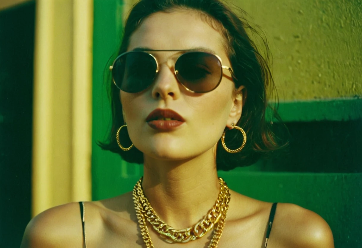 90s woman,gansta rapper . Boss gangster in sunglasses and gold chain. smokes a cigar near club. Rapperoff bare shoulders,oversized clothes,photo depth of field,shadows,grainy,seductive analog lofi (by Oleg Oprisco Laura Makabresku),