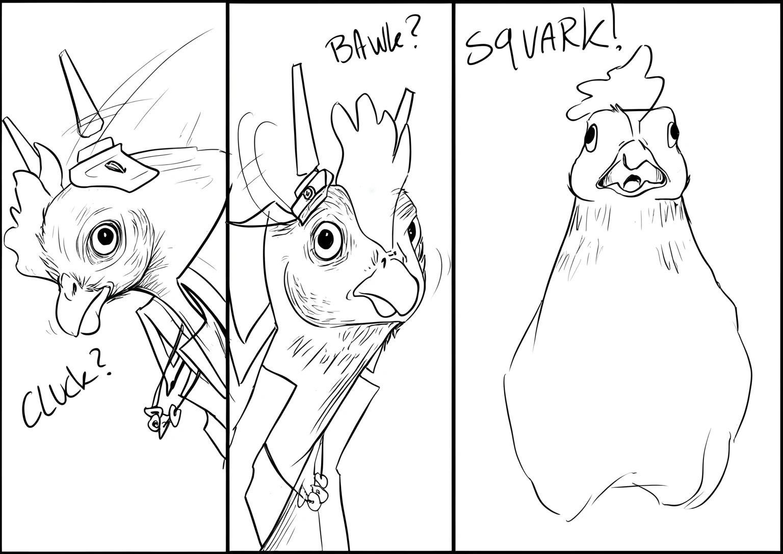 a drawing of a series of three pictures of an anthropomorphized chicken wearing admiral attire, (webcomic), webcomic, avian!!! fursona, squashed, comic inks, beaks, kenku, as a d & d monster, birb, cocky expression, squares, comic shading, the squirrel king