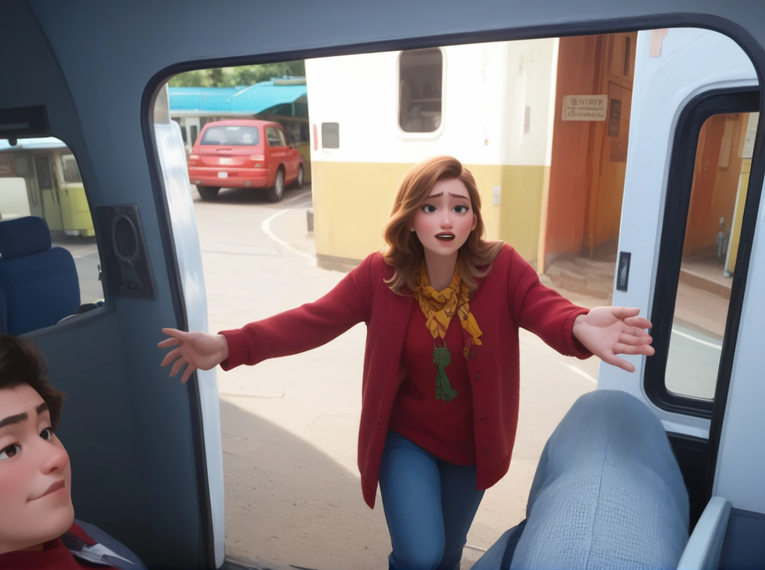Arm me like anime disney pixar a woman standing on the back of a bus with her hands outstretched 
