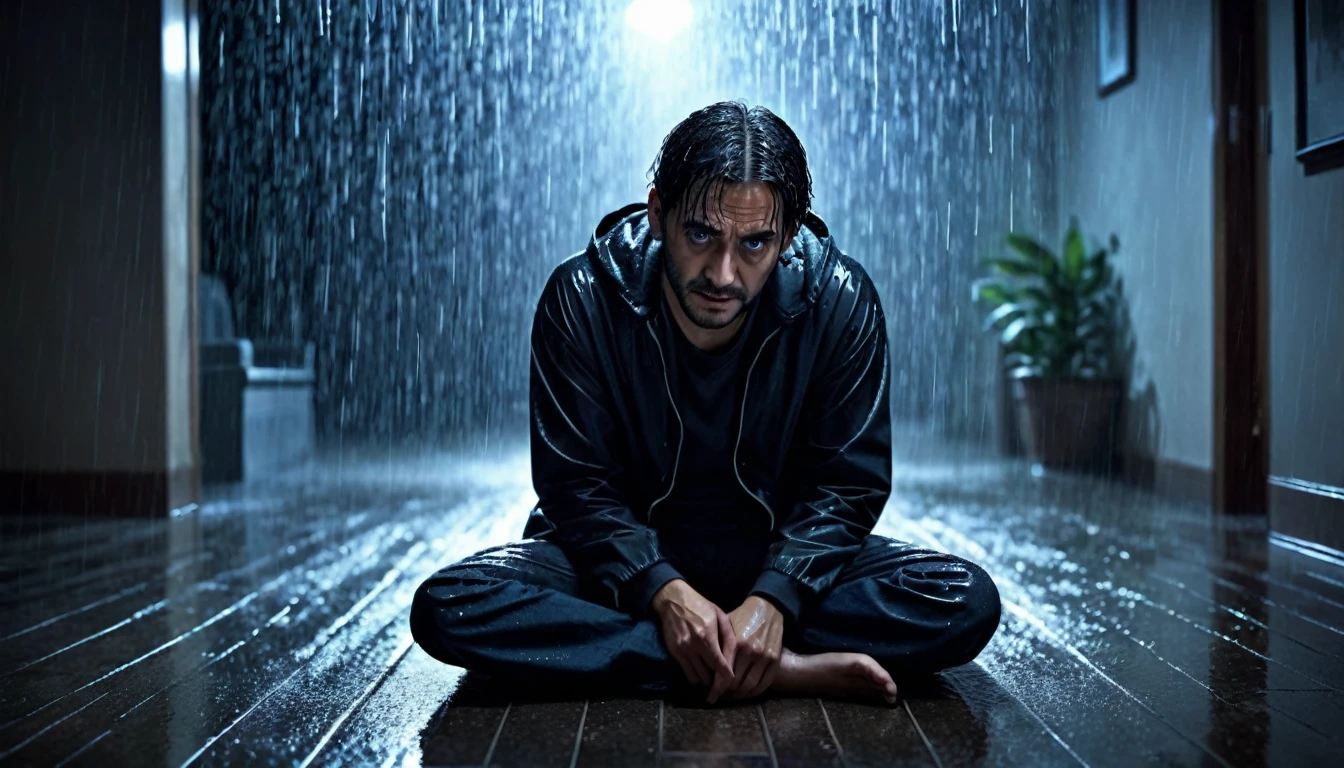 Scary horror image of a man and a  sitting on the floor , with Image of rain at night, PICTURE REALISTIC, high resolution, 8k 