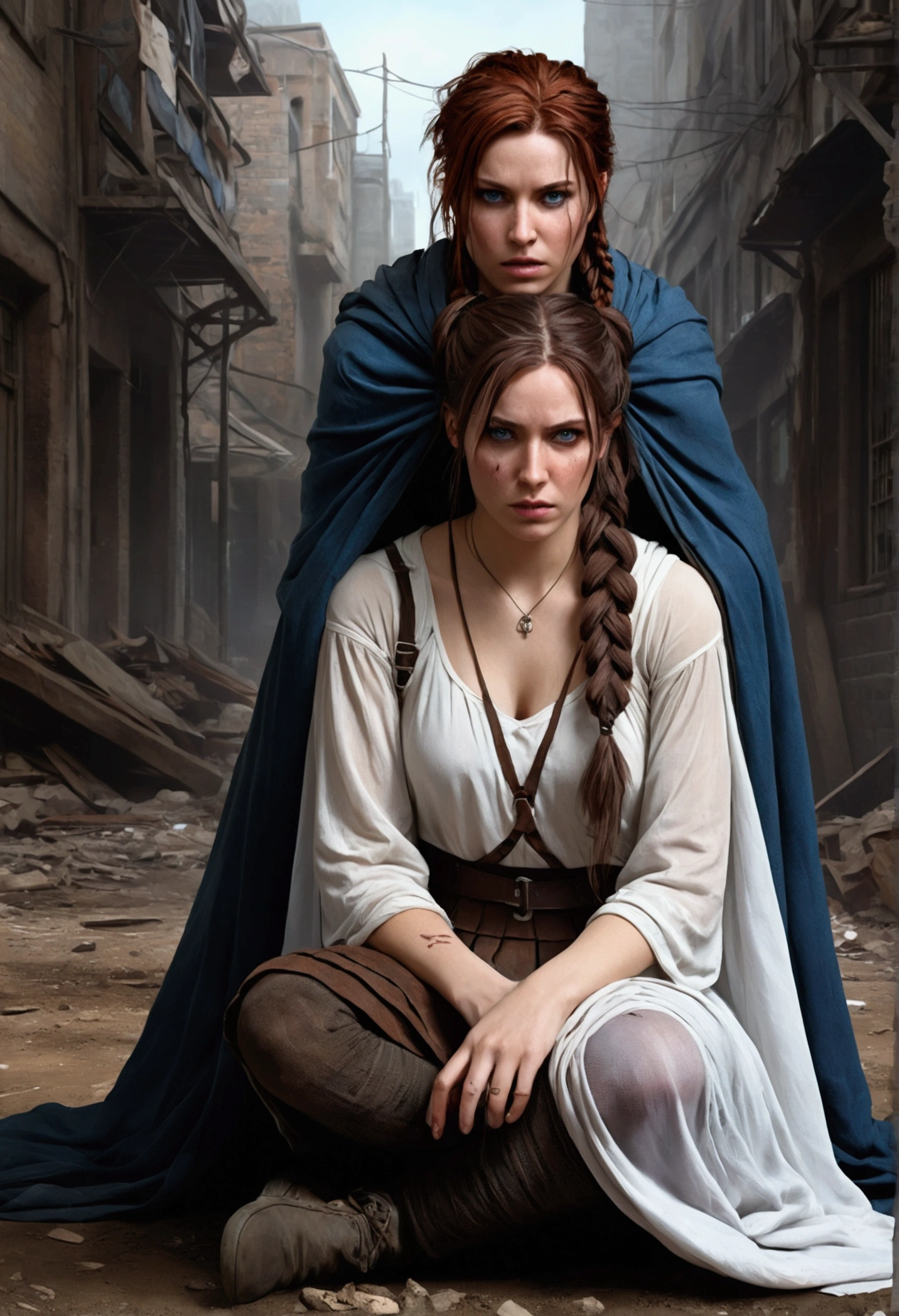 the cover depicts a white woman, she is being held by her hair, her head is thrown back, with blue eyes, with brown hair gathered in pigtails, her hairstyle is disheveled, a sad woman, a crying woman, in a dirty and torn white mesh cape, in torn tights, kilt skirt, sitting on the ground, stylized illustrations in urban fantasy style, realistic character concept, unrealistic character concept, cover for a new book, Abaddon and Magali Villeneuve, art cover, book cover concept, shadowrun character design, concept art for a video game