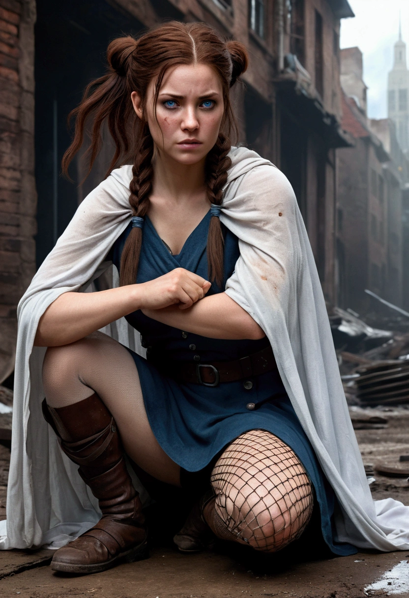 the cover depicts a white woman, she is being held by her hair, her head is thrown back, with blue eyes, with brown hair gathered in pigtails, her hairstyle is disheveled, a sad woman, a crying woman, in a dirty and torn white mesh cape, in torn tights, kilt skirt, sitting on the ground, stylized illustrations in urban fantasy style, realistic character concept, unrealistic character concept, cover for a new book, Abaddon and Magali Villeneuve, art cover, book cover concept, shadowrun character design, concept art for a video game