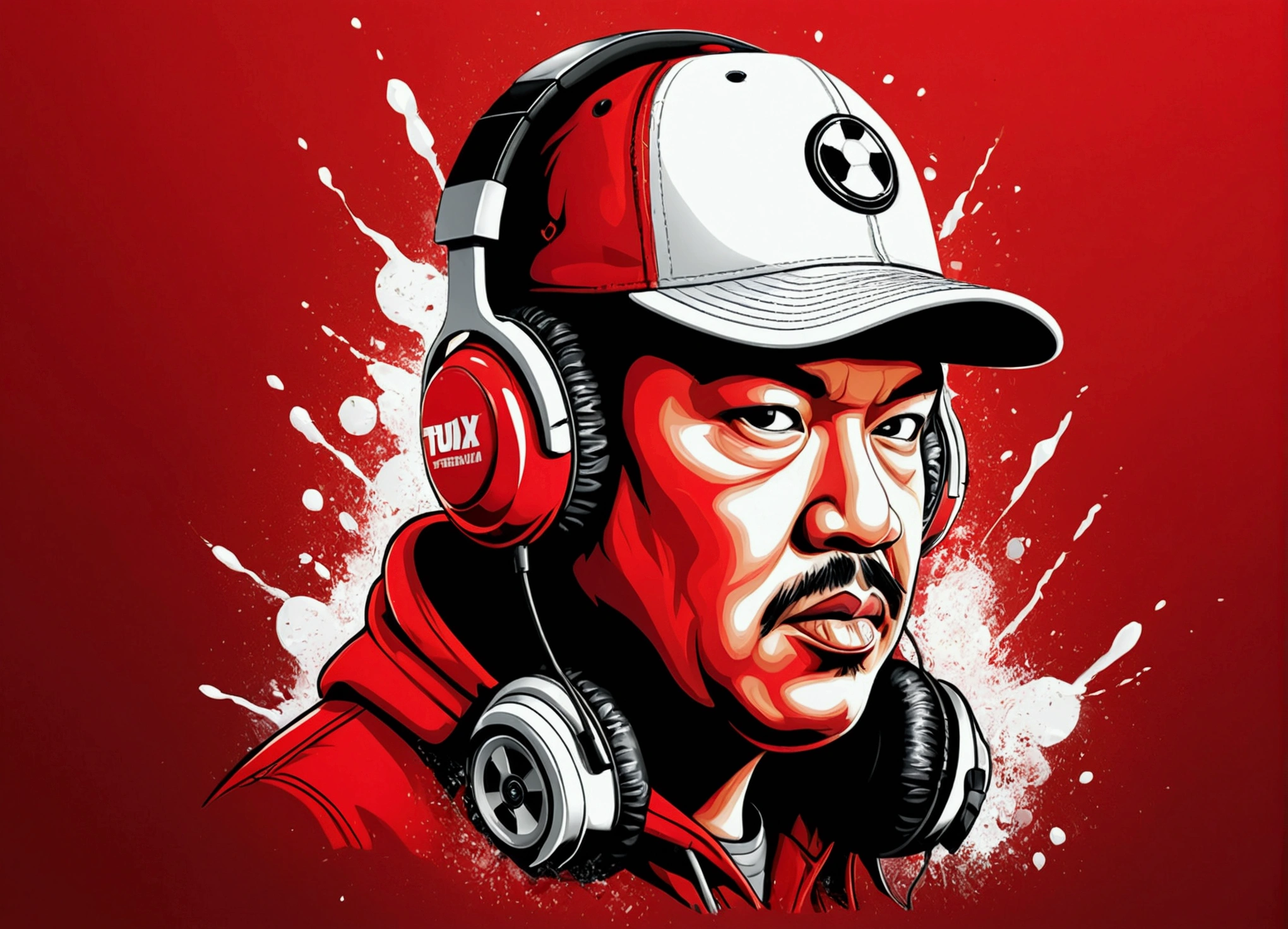 Realistic 4D miniatur graphic artist has crafted a stunning logo " TOXIC GAMING" "BLEGUCK". The image features a splash colour of young indonesian fat man clearface wearing red long tshirt and white hat, hold headphone and handphone in hand. This meticulously designed flat vector art showcases intricate details like rugged texture and dynamic composition, resulting in a visually captivating and professional piece that perfectly embodies theme of gritty survival and creativity.highly detailed,surrealistic,ultra hd 8k, conceptual art, illustration, 3d render, typographyLess