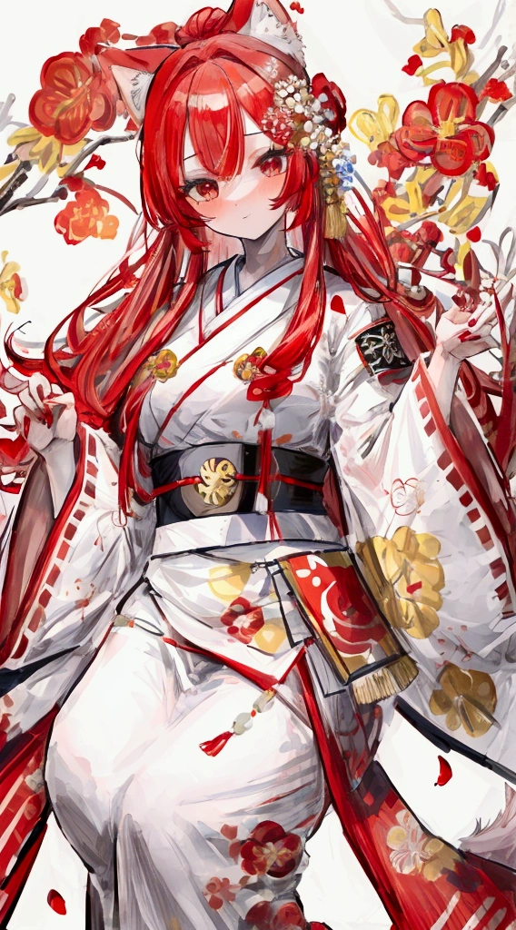 masterpiece, Highest quality, One girl, Vajral, Dog's tail, Red-haired flowers, Red nails, White Belt, White kimono, kimono, Floral print, White sleeves, Wide sleeves, Long sleeve, Fur trim, sash
