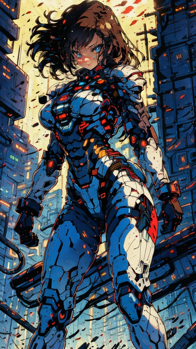 8K, Raw photo, highest quality, masterpiece, Full body, aerial view, cinematic lighting, Miranda May Kerr stands tall in a white Cyberpunk uniform full armor, a Very Long Shot, and her dark brown hair cascading down her shoulders. Her ultra-detailed face with beautiful features shines in the dimly lit cyberpunk setting. The sleek uniform accentuates her medium height and slender athletic figure. She wears it confidently, showcasing beneath. Dynamic shooting poses to showcase her agility as she moves through the futuristic landscape.