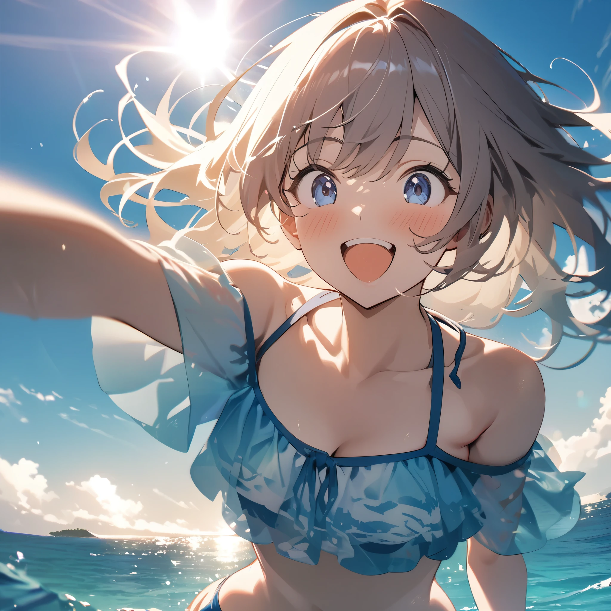 Highest quality, masterpiece,Dark blue eyes,Double exposure, The best smile, Excited, Swimwear, Ocean,Ocean水浴, sunlight