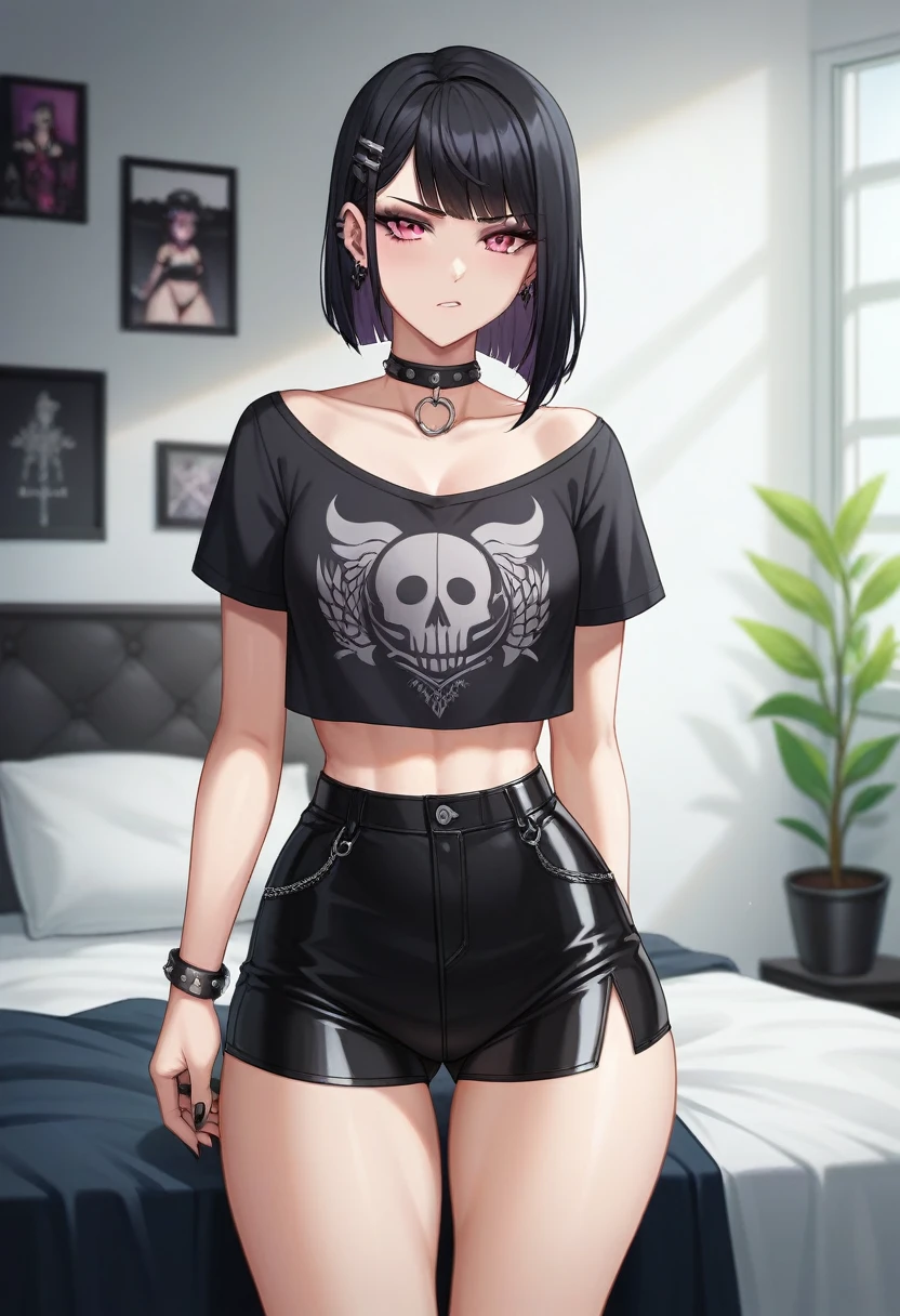 Adult, Female, long Black hair, goth girl, pink eyes gothic aesthetic, goth clothing, goth make up, thick thighs, medium chest, annoyed, disgruntled, bedroom, gothic bedroom, aesthetic bedroom, Masterpiece, Accurate, Anatomically Correct, Best Quality, High Details, Detail, Super Detailed, Best detail, Perfect detail, Amazing detail, [-3, 3], Close-Up, perfect body, best body, amazing body, Looking at viewer, front facing, head shot