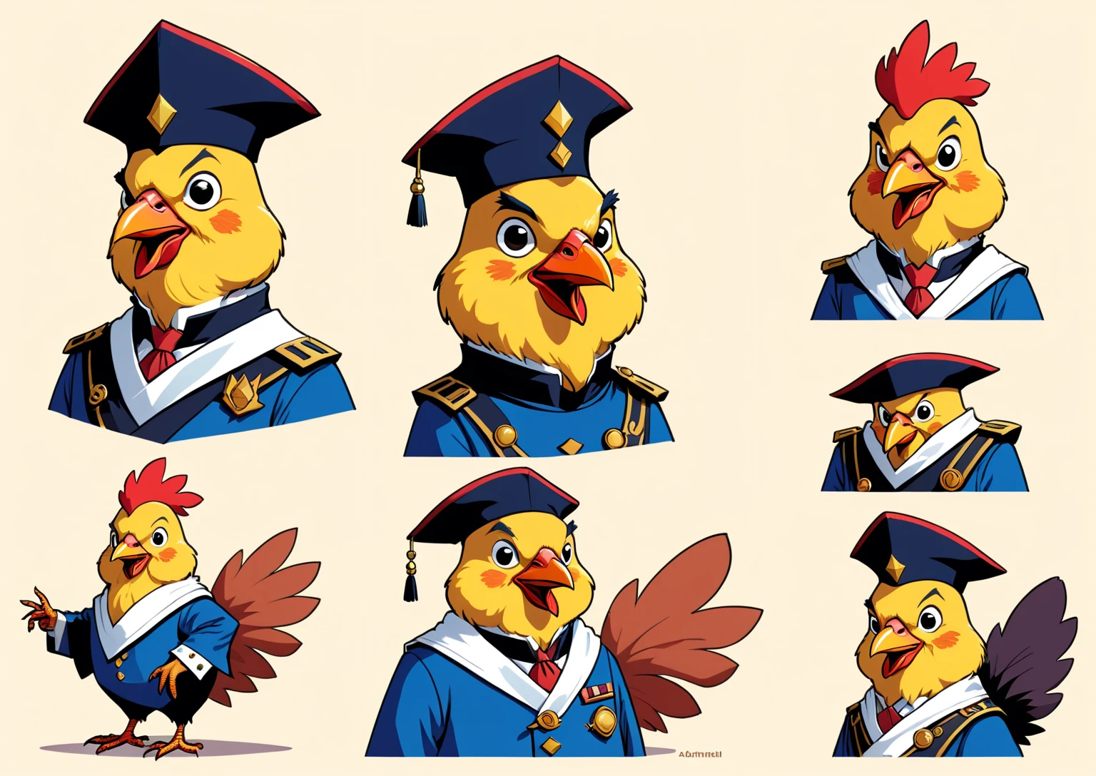 a drawing of a series of three pictures of an anthropomorphized chicken wearing admiral attire, (webcomic), webcomic, avian!!! fursona, squashed, comic inks, beaks, kenku, as a d & d monster, birb, cocky expression, squares, comic shading, the squirrel king