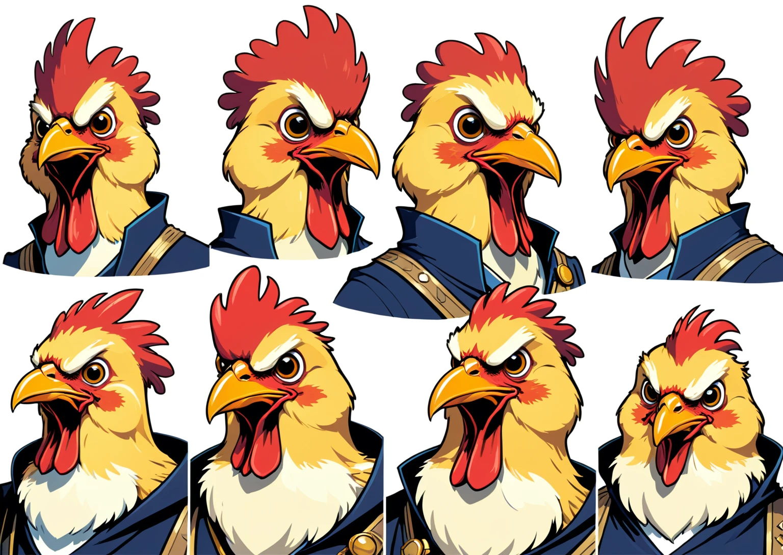 a drawing of a series of three pictures of an anthropomorphized chicken wearing admiral attire, (webcomic), webcomic, avian!!! fursona, squashed, comic inks, beaks, kenku, as a d & d monster, birb, cocky expression, squares, comic shading, the squirrel king