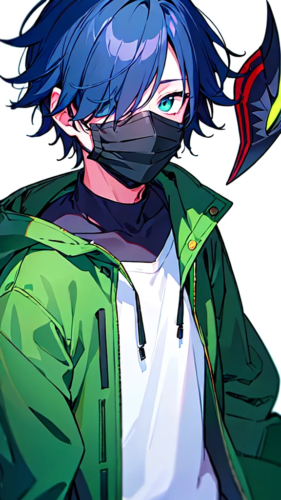 [(WHITE BACKGROUND:1.5),::5], ((((masterpiece)))), high quality, ultra very high resolution, full color, (((solo))), ((younger boy)), dark Blue hair, ((hair covering one eye)), (green detailed eyes), anime, ((upper body)), gray parka, parka food, (Black mask)