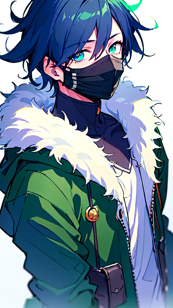 [(WHITE BACKGROUND:1.5),::5], ((((masterpiece)))), high quality, ultra very high resolution, full color, (((solo))), ((younger boy)), dark Blue hair, ((hair covering one eye)), (green detailed eyes), anime, ((upper body)), gray parka, parka food, (Black mask)
