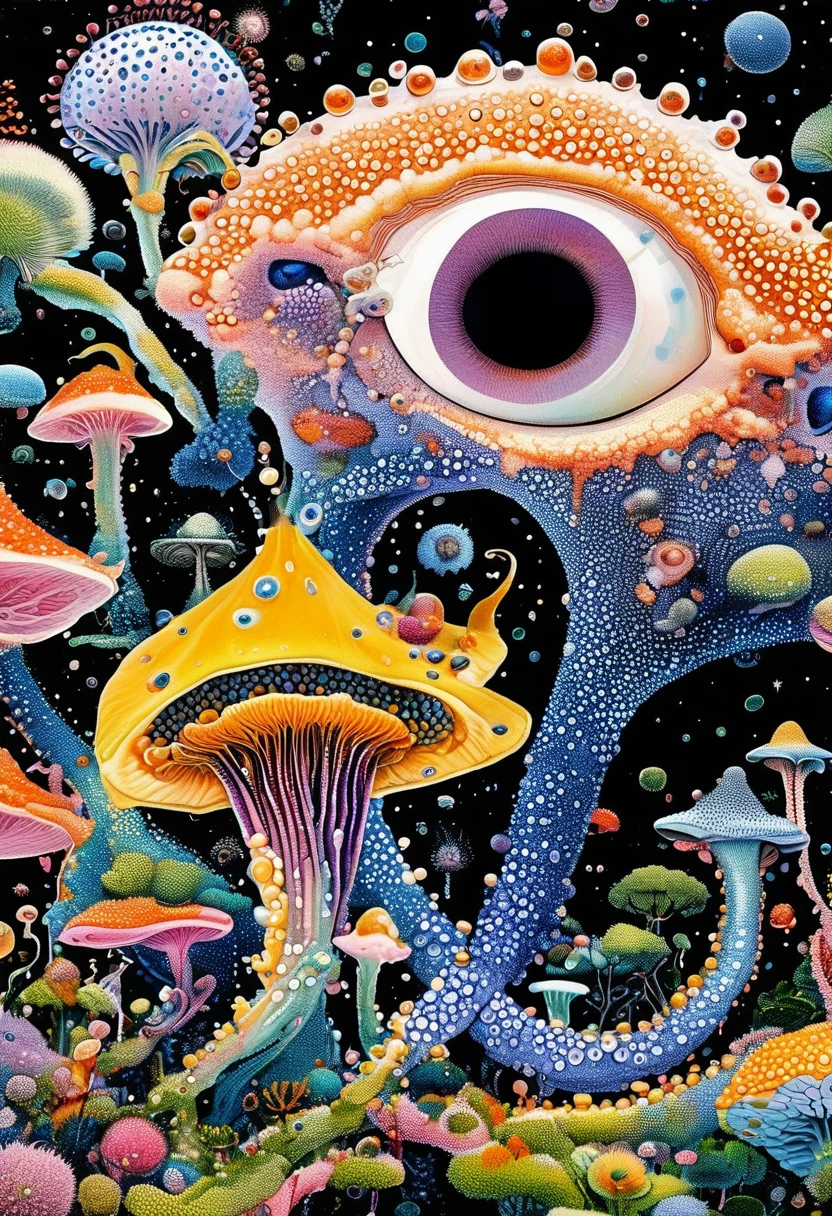 Strong visual fusion of multiple elements，Broto，Artists from the stars，house、Eye、Spore powder、Tentacles，密集Pointillism method。Smooth lines。Strange illustration。Pointillism method。Trypophobia。Strong contrast。Award-winning works。