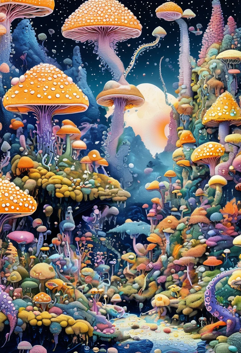 Strong visual fusion of multiple elements,Broto,Artists from the stars,house、Eye、Spore powder、Tentacles,密集Pointillism method。Smooth lines。Strange illustration。Pointillism method。Trypophobia。Strong contrast。Award-winning works。