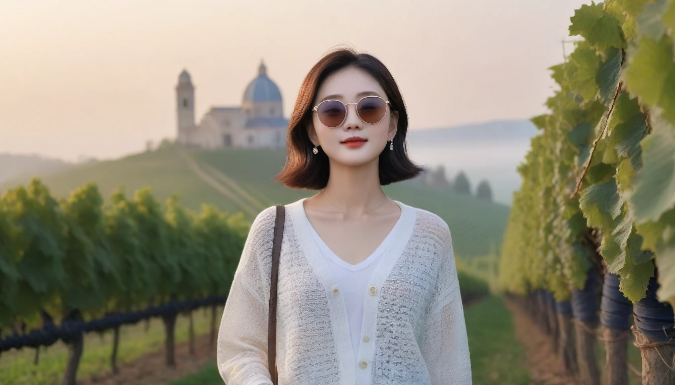 8k realistic, lifelike photo,, 36 year old Korean woman, Short in stature, pretty like a model. White shirt and short cardigan, casual pants, short medium hair, Smiley, Italy. vineyard, thick dawn fog. vineyard 멀리 짙은 안개 속으로 I can see the cathedral. 1 woman, Short in stature, Excellent picture quality, The morning fog is thick, The picture quality is alive. Looking up the side, Dior type large sunglasses, sunrise red light, Wide angle lens full body shot, I can see the cathedral