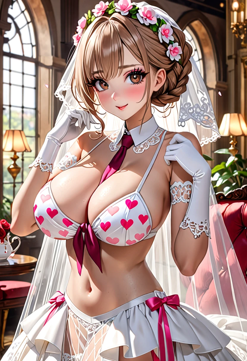 (((Highest quality, Ultra-high resolution、The most complex and detailed depiction)))、((masterpiece:1.3)), (8k, RAW Photos, Best image quality: 1.4), Very detailedな顔、Attention to detail、(Beautiful woman:1.4),(Realistic:1.4) (8k, RAW Photos,), (photo-Realistic:1.2), Very detailed, Beautiful attention to detail, (girl:1.3)、(((Bride in prom dress)))、(Embarrassing、He looks at me with a sad expression、(Ecstatic expression,blush))、(Gal-style makeup、Dark eyeliner、Eyelash length、False eyelashes、double eyelid、Dark brown eyes:1.4)、Light fluorescent lip gloss, ((hostess:1.4)),(((pink heart print bikini、Red and white big heart pattern),(Pink tea bags)、(White wreath on head、Wedding Veil、Maria Bale))、Pink heart choker around the neck),(((open wedding dress)))、(((White Mesh Opera Gloves))),(Huge breasts:1.6),、(Cleavage:1.2)、(((Light brown hair、Braided hair、((Tie your hair behind your head,Put your hair up)))))、Big eyes、Large pupils、elongated nose、Face with gills、Spread your legsこちらに向ける、(((whole body)))、Spread your legs座る、Spread your legs、sexy、(Sweat、Your body is wet))、(((Sit on a plush sofa)),(Hold your knees and spread your legs)、(Small Head)
