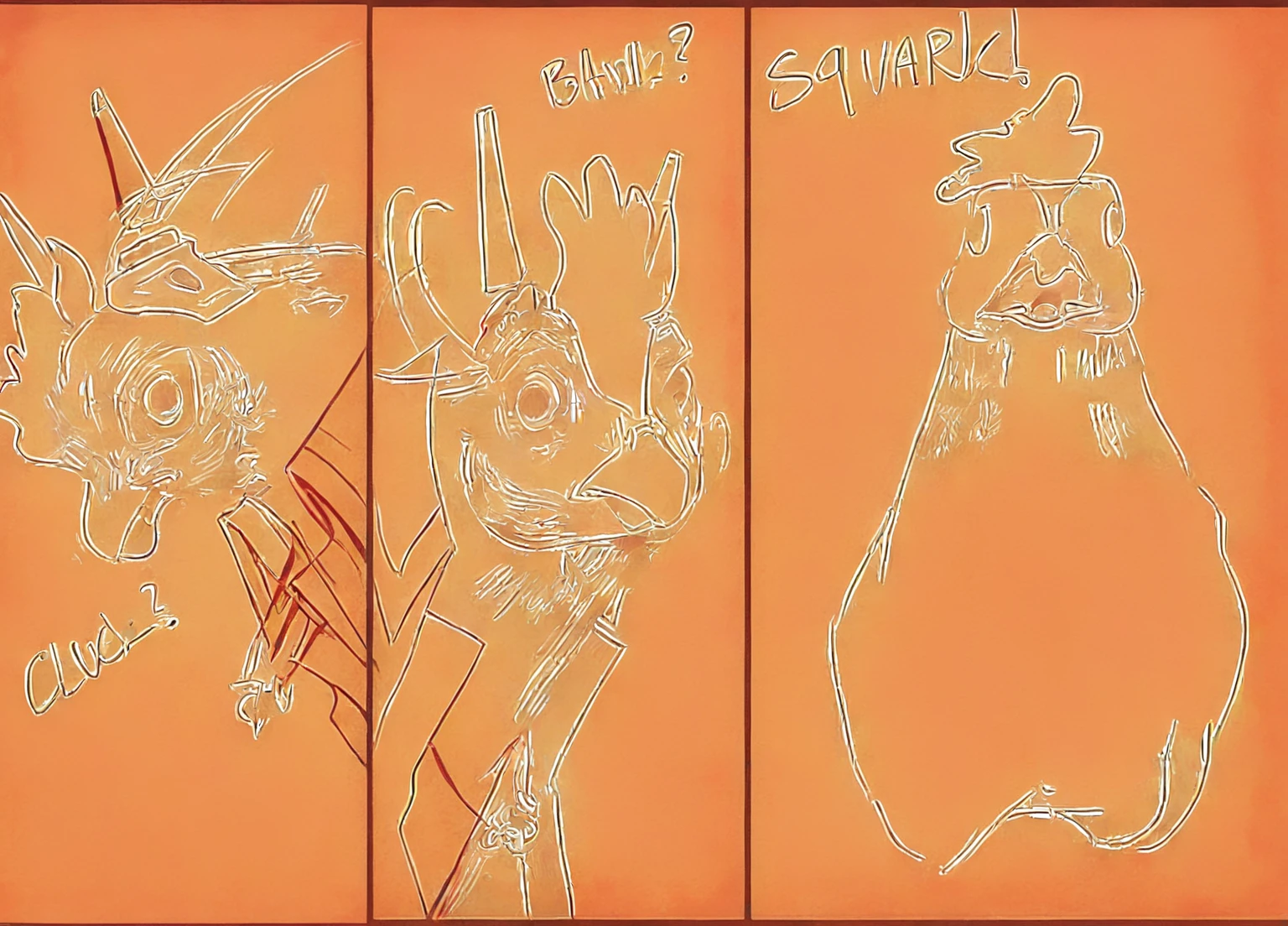 a drawing of a series of three pictures of an anthropomorphized chicken wearing admiral attire, (webcomic), webcomic, avian!!! fursona, squashed, comic inks, beaks, kenku, as a d & d monster, birb, cocky expression, squares, comic shading, the squirrel king
