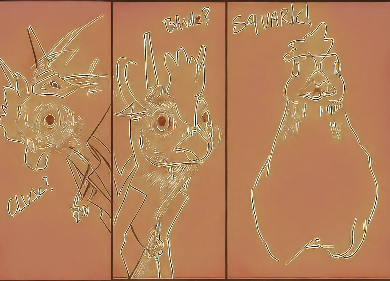 a drawing of a series of three pictures of an anthropomorphized chicken wearing admiral attire, (webcomic), webcomic, avian!!! fursona, squashed, comic inks, beaks, kenku, as a d & d monster, birb, cocky expression, squares, comic shading, the squirrel king